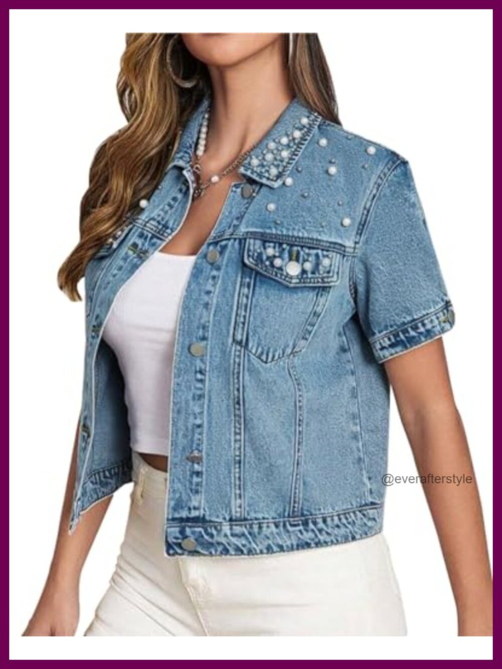 Cropped Denim Jacket with Pearls Short Sleeve Women's Casual Coat Button Front